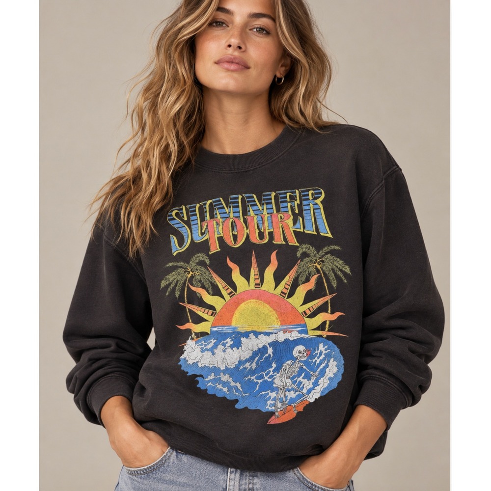 Billabong Summer Tour Sweatshirt Medium Black Surfing Skeleton Graphic Pullover